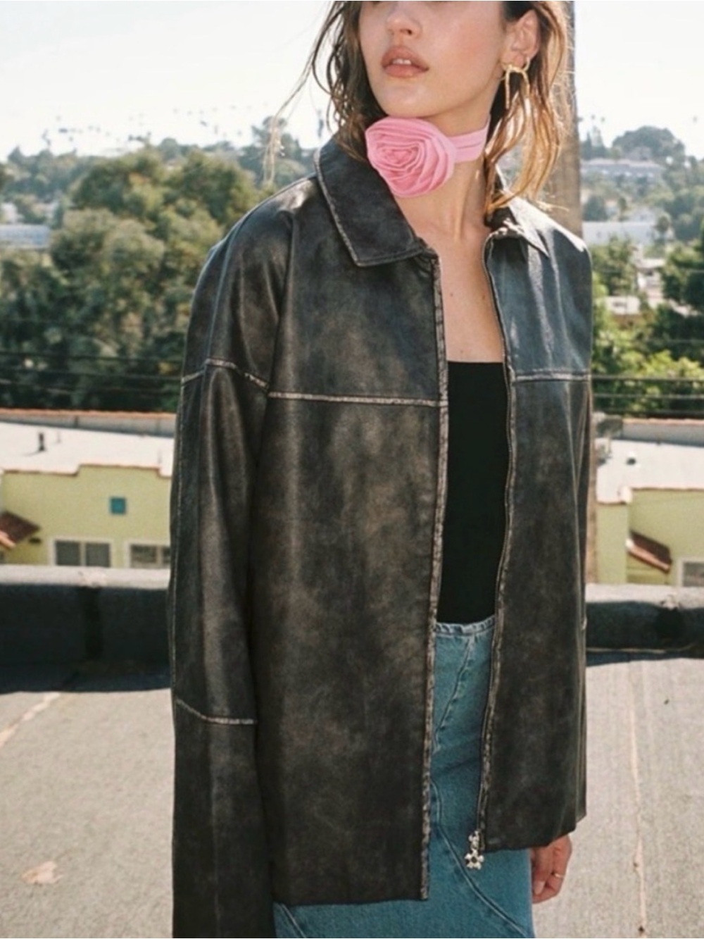 Lisa Says Gah Washed Black Leather Oversized Jacket